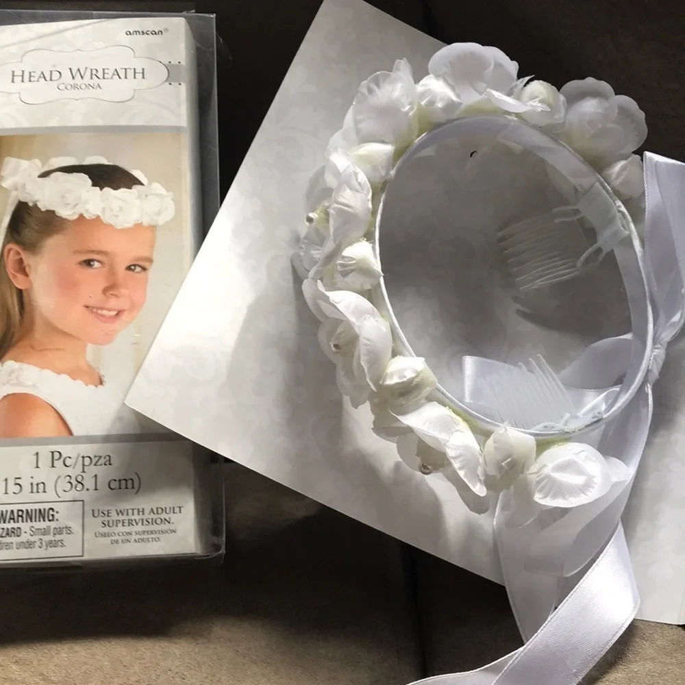 Flower crown, head wreath, white w ribbons
